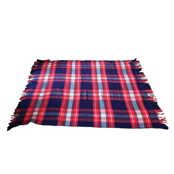 Vtg Troy Oversize Plaid Wool Fringe Throw Car Lap Stadium Bed Blanket 70" x 60" - Picture 6 of 12